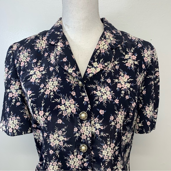 Leslie Fay Midi Dress 8P Blue Floral  Pearl Button Front Cottagecore Office - Picture 2 of 9